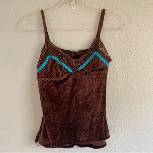 Vintage Y2K Nikki Mae Brown Tank Top Blue Trim